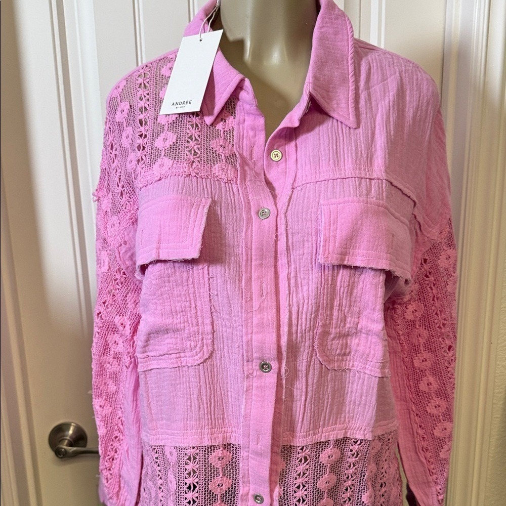 NWTs Pink Gauzy Multi Textured Cotton, Crochet, Semi Sheer, Open Work Button Top